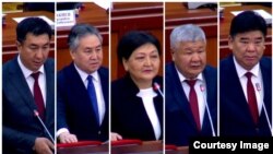 Коммуникациялар министри Тилек Текебаев, тышкы иштер министри Жээнбек Кулубаев, саламаттык сактоо министри Гүлнара Баатырова, энергетика министри Таалайбек Ибраев, маданият, маалымат, спорт жана жаштар саясаты министри Алтынбек Максүтов. (солдон оңго карай)