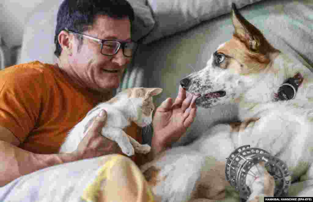 Anna Kurkurina Jackkel, egy bombázásban megsérült kutyával és macskájával, Barackkal játszik. Az egykori világbajnok erőemelő kóbor állatok mentésének szenteli szabadidejét a dél-ukrajnai Mikolajivban. Az orosz rakétatámadások nemcsak a lakosokat, hanem sok háziállatot is megsebesítettek és megöltek