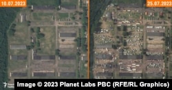 Порівняння кількості техніки в таборі «Вагнера». Ліворуч – 10 липня 2023 року, праворуч – 25 липня 2023 року