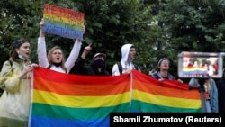 LGBT activists protest in Moscow in July 2020. On November 30, Russia's Supreme Court declared "the international LGBT social movement" -- which legally does not exist -- as extremist. 