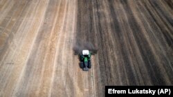 Një fermer në rajonin e Kievit duke punuar në tokën e tij të mbjellë me drithëra. Fotografi nga arkivi.
