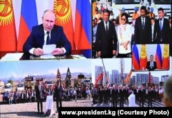 Бишкек, Баткен, Караколдо Орусия каржылаган үч мектептин курулушуна капсула салуу учурунда тартылган сүрөт. Эки өлкөнүн президенттери ага онлайн катышкан. 1-сентябрь, 2023-жыл