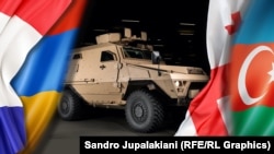 Бронеавтомобиль Bastion и флаги Франции, Армении, Грузии и Азербайджана (коллаж)
