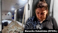 მარიტა გუტაშვილი და ონის მუნიციპალიტეტის დაზიანებული საკონფერენციო დარბაზი. ადვოკატის თქმით, ინციდენტის შემდეგ, მარიტა გუტაშვილს სასწრაფო სამედიცინო დახმარება დასჭირდა. ფოტოილუსტრაცია