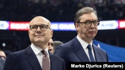 Lider Srpske napredne stranke Miloš Vučević koji je izabran za premijera Srbije i predsednik Srbije Aleksandar Vučić na predizbornom skupu Srpske napredne stranke, Beograd, 2. decembar 2024.