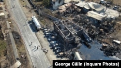 Urmările tragediei de la Crevedia. În imagine, stația GPL după incendiu și explozii