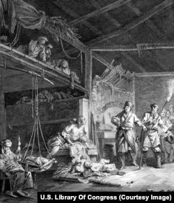 Gravură care se pare că descrie echipa lui d'Auteroche în momentul în care intră într-un sat rusesc.