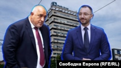 Colaj cu fostul premier Boyko Borisov și jurnalistul Anton Hekimian pe fundalul clădirii bTV din Sofia, Bulgaria.