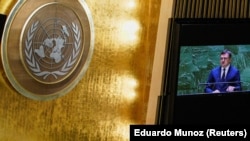 Na fotografiji: Ministar spoljnih poslova Ukrajine Dmitro Kuleba (Dmytro Kuleba) govori na sednici Generalne skupštine Ujedinjenih nacija na godišnjicu ruske invazije na Ukrajinu, Njujork, SAD, 22. februar 2023. 