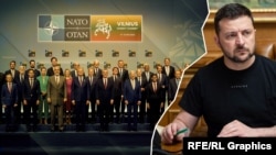 Лидерите на страните, членуващи в НАТО и украинският президент Володимир Зеленски. Колаж.