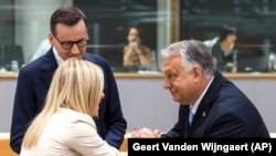 Belgium EU Summit, Viktor Orban, Giorgia Meloni and Poland's Prime Minister Mateusz Morawiecki