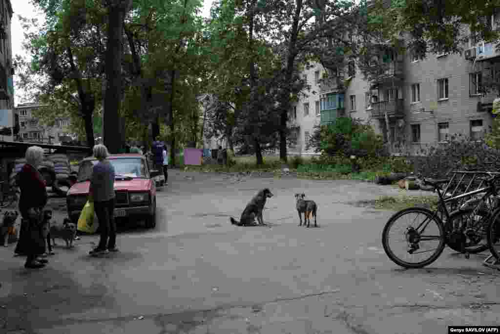 Local residents gather next to a shelter run by volunteers where they receive food and hot drinks. The can also use the Internet, watch TV, and charge their devices. But the shelter&#39;s water supply, which was opened in March, has been fouled up with mud, meaning the washing machines and showers are no longer usable.