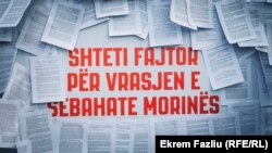 Një stendë e ngritur para Këshillit Prokurorial të Kosovës, me fletët e vendimit të Gjykatës Kushtetuese që konstatoi se shteti “ia shkeli të drejtën për jetë” Sebahate Morinës. 4 prill 2023