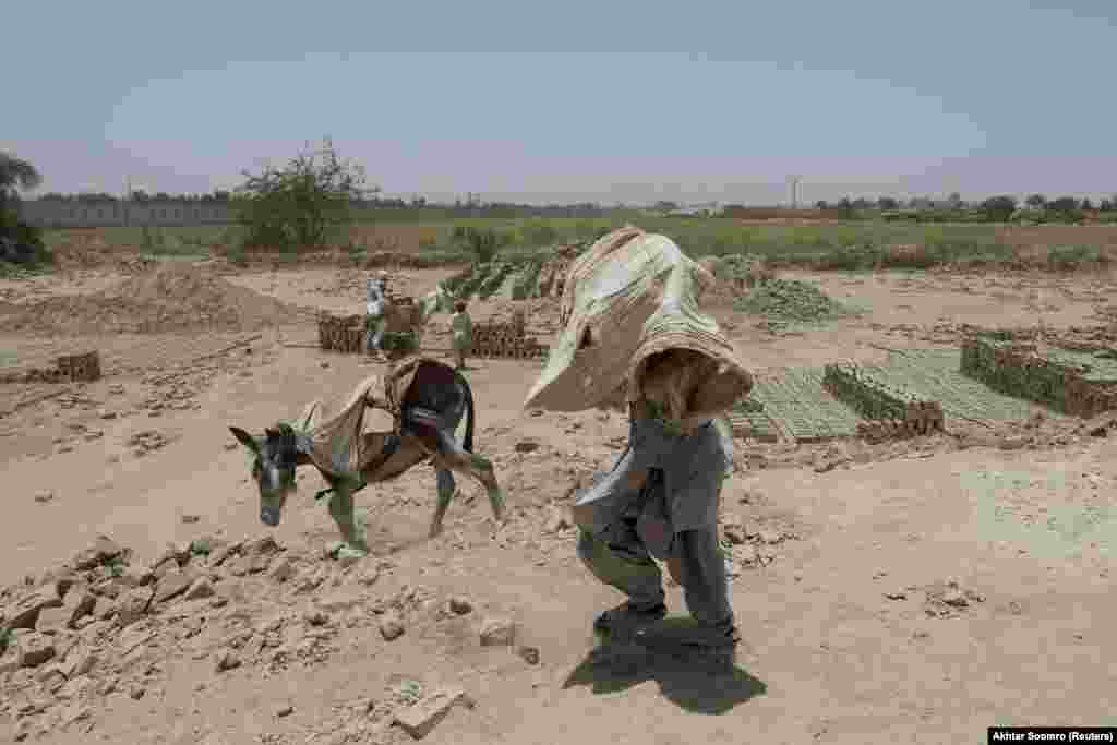 Radnik pokriva glavu praznom vrećom da bi izbegao da ga udari sunce dok radi u fabrici cigala u Džakobabadu. Prema Globalnom indeksu klimatskih rizika, južnoazijska zemlja sa više od 241 miliona stanovnika pretrpela je ekonomske gubitke u vrednosti od 3,8 milijardi dolara zbog posledica klimatskih promena između 1999. i 2018. godine.