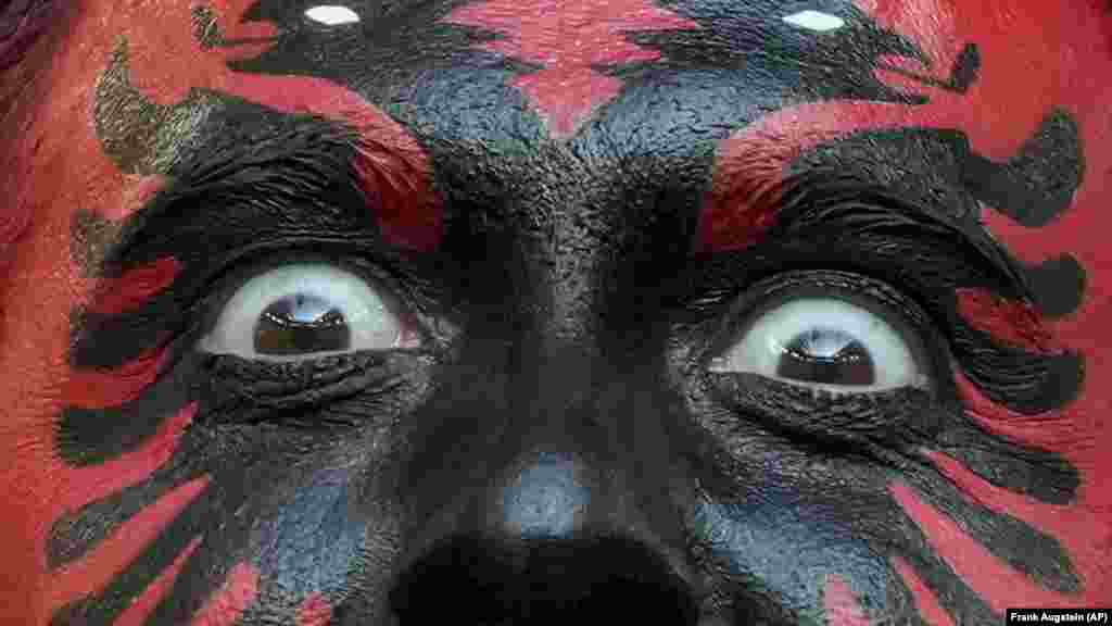 Болельщик из Албании на трибуне в Дюссельдорфе перед матчем группы B между Албанией и Испанией. 24 июня. Несмотря на поражение албанцев со счётом 0:1, тренер сборной Албании был воодушевлён прогрессом своей команды. Он заявил: &laquo;Опыт &mdash; это золото, я бы ни на что его не променял&raquo;