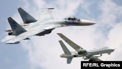 Colaj foto cu un avion rusesc de vânătoare Su-27 și o dronă americană MQ-9 Reaper, creat digital pentru a ilustra interceptarea aeronavei fără pilot în apele internaționale ale Mării Negre.