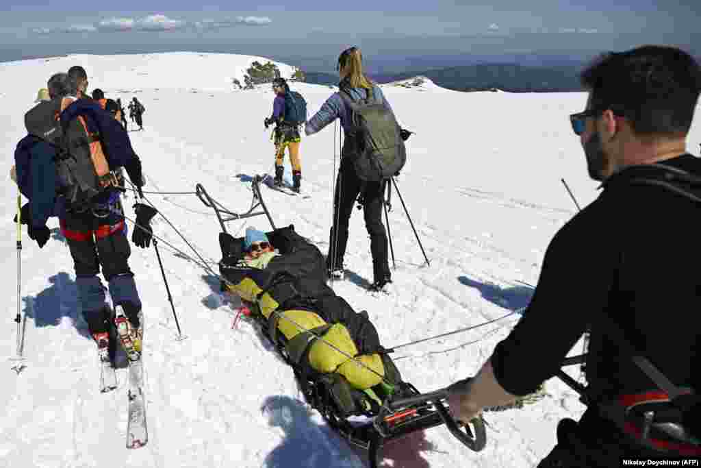 Волонтёры тянут сани с Миленой Велковской по горному плато. Велковская сказала агентству AFP во время путешествия: &laquo;Впервые вижу снег так близко, а не через окно&raquo; &nbsp;