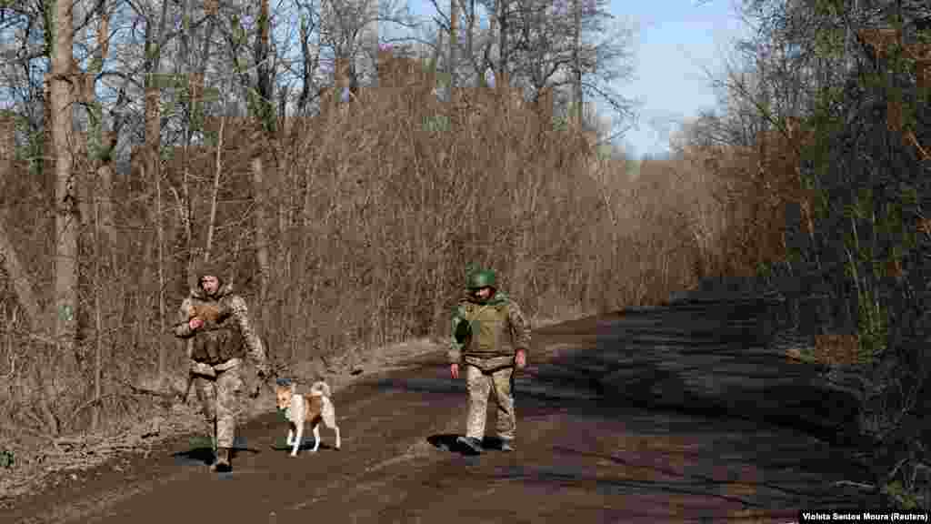 Украинские солдаты гуляют с собакой своего подразделения в неразглашаемом месте недалеко от прифронтового города Кременная, 13 марта