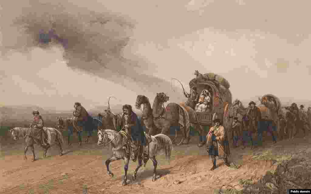 Караван татар, що подорожує рівниною у Криму. Книга під назвою &laquo;Прекрасні краєвиди та визначні місця Криму&raquo; вийшла друком у 1856 році. Того ж року кримські картини Боссолі були виставлені на огляд допитливої публіки в Лондоні