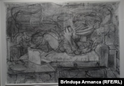 Desen în cărbune din expoziția personală a lui Adrian Ghenie, Corpul imposibil. Timișoara, Galeria ISHO, 20..04-18.06.2023