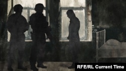 Военнослужащие в помещении с гражданским лицом. Иллюстрация