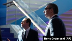 Premijer Kosova Albin Kurti i predsjednik Srbije Aleksandar Vučić na sastanku lidera Zapadnog Balkana i EU u Skoplju, Sjeverna Makedonija, januar 2024.