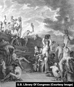 Gravură - bania rusească, din cartea lui Jean-Baptiste Chappe d'Auteroche’s despre călătoria lui în Siberia, din 1761.