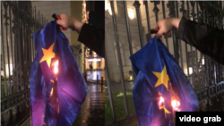 ხატია ჯანაშია წვავს ევროკავშირის დროშას ორბელიანის სასახლესთან