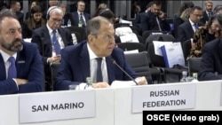 Сергеј лавров за време на обраќањето на состанокот на ОБСЕ во Скопје, 30.11.2023.