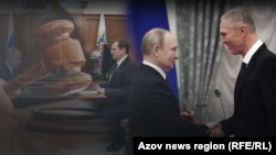 Президент РФ Владимир Путин, Владимир Сальдо (справа) и Евений Балицкий (на заднем плане). Коллаж