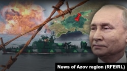 Президент РФ Володимир Путін на тлі військового корабля та карти з Кримом та Азовським морем. Колаж