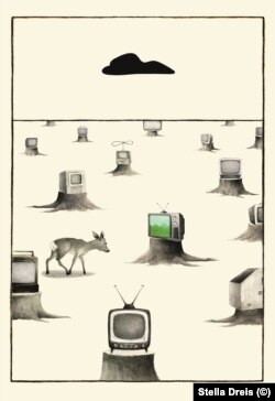 Сърна с телевизори от книгата "Пипматц ще направи гора от вас" / "Piepmatz macht Wald aus euch!" / Михаел Ставарич, Стела Драйс / Лейкам, 2022 / Leykamverlag 2022