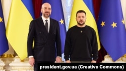Голова Європейської Ради Шарль Мішель(л) і президент України Володимир Зеленський у Києві, 21 листопада 2023 року