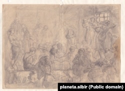 Ирма Геккер (кийин Худякова) абакта тарткан “Абактагы камерада” аттуу чийме сүрөт. 1941–1942-жж.