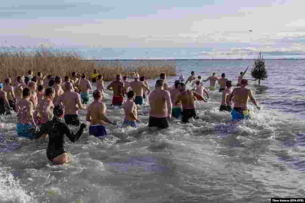 Венгрия. Балатон көлүндөгү жаңы жылдык сууга чөмүлүү жөрөлгөсү.&nbsp;