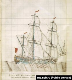 Марко Мартиновичтин 1697–98-жж. дарсынын орусча котормосунун кол жазмасындагы кеме (фрегата).