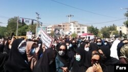 People protest on the streets of Shahrekord on August 16. Demonstrations about water shortages have several parts of the country in recent weeks, including Hamedan in the west.