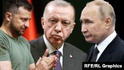 Volodimir Zelenski (stânga), Recep Tayyip Erdoğan, Vladimir Putin (colaj)