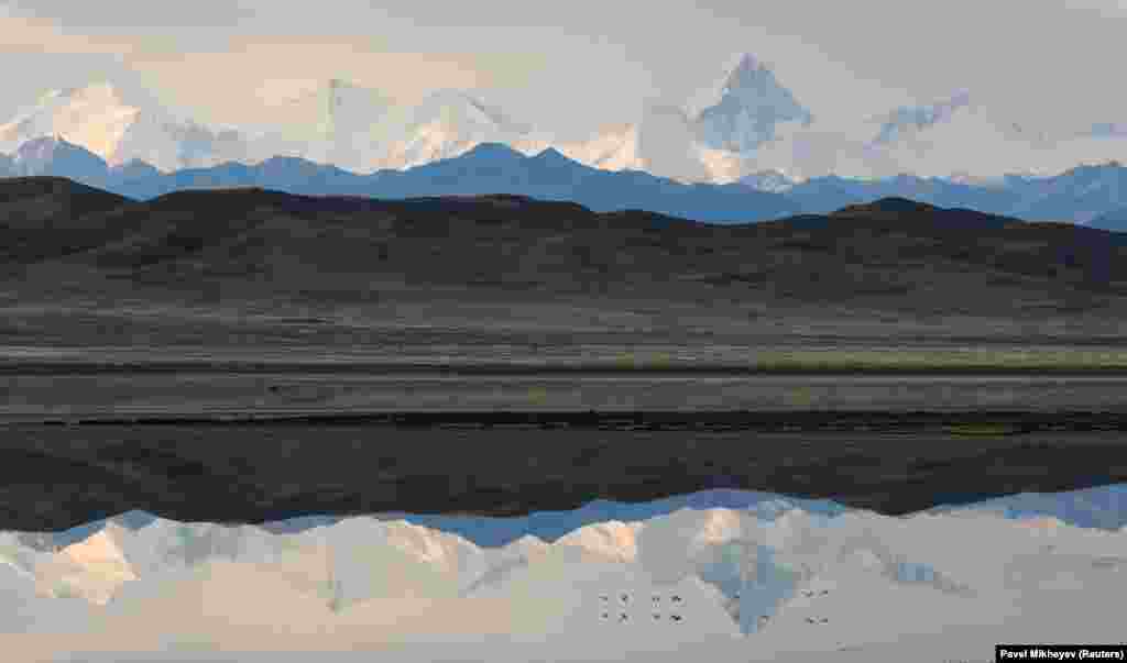 Ptice lete iznad jezera Tuzkol u kazahstanskoj regiji Almaty.