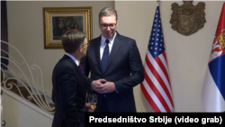 Specijalni savetnik u američkom Stejt Dipartmentu Derek Šole i predsednik Srbije Aleksandar Vučić, Beograd, 12. januara 2023.
