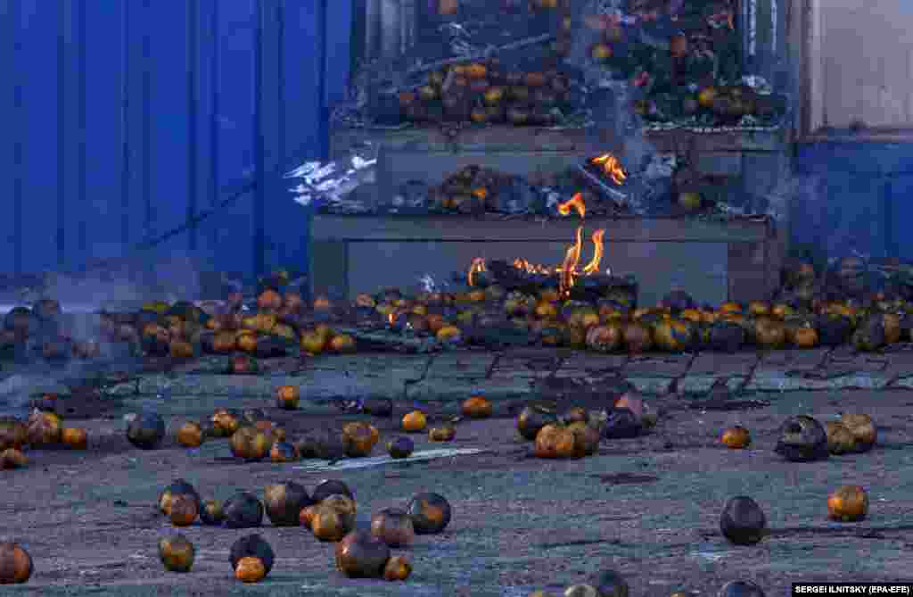 Voće gori nakon što su ruske rakete pogodile otvorenu pijacu u Donjecku 6. decembra.