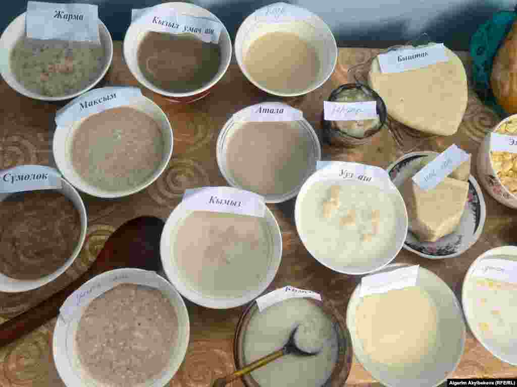 Актан даярдалган тамактар. Айран, сүт, каймак, сары май, сүзмө, курут, быштак, кымыз.