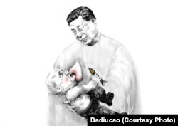 Badiucao egyik problémás képe, amely kiakasztotta a prágai kínai nagykövetséget. Hszi kínai elnök a rakétájával játszó kisded Vlagyimir Putyint szoptatja