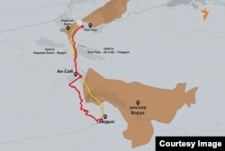 Желтой линией отмечена автодорога из таджикского села Ходжаи-Аало в анклав Ворух. Красной - из кыргызского села Кок-Таш в Ак-Сай и далее в Тамдык.