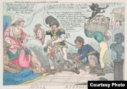 Історична карикатура: російський генерал Суворов та імператриця Катерина після розділу Польщі, 1795