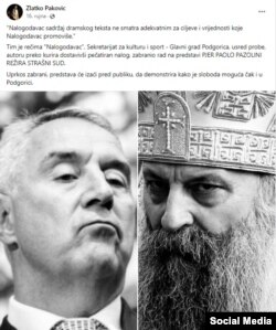 Predsjednik Crne Gore Milo Đukanović i patrijarh srpski Porfirije "zajedno" u objavi reditelja Pakovića na njegovom profilu na Fejsbuku, 16. septembar 2022. godine