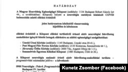 Részlet egy szeptember 27-i NNK-határozatból, ami szerint a koronvírus terjedése miatt bezárták a Honvédkórház egyik osztályát.