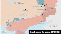 Орусиянын күчтөрү басып алган украин жерлери кызгылт түс менен белгиленген. Бошотулган жерлер көгүш түс менен көрсөтүлгөн. 24-октябрга карата карта.