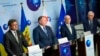 Ministrul ucrainean de externe, Dmitro Kuleba (stânga), ministrul moldovean de externe, Aureliu Ciocoi, ministrul georgian de externe, Davit Zalkaliani, și șeful diplomației europene, Josep Borrell 