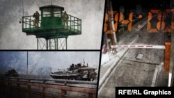 Вишка прикордонників на КПВВ «Чонгар» у Криму. Таймер на фоні КПВВ «Каланчак». Російські танки на Антонівському мості (колаж)